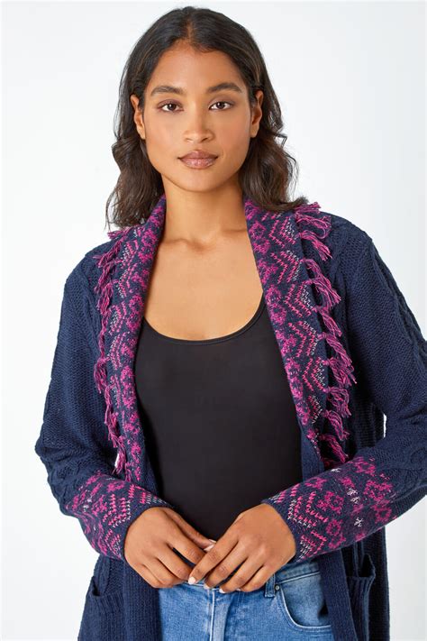 Midnight Blue Aztec Fringed Longline Cardigan Roman Uk