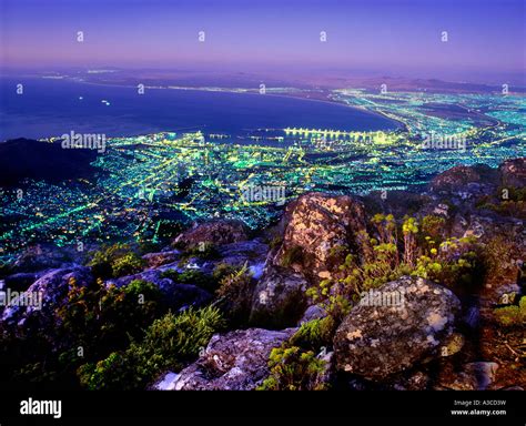 view of cape town at night from top of table mountain south africa ...