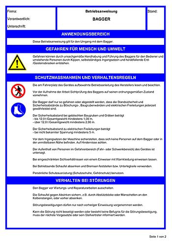 Betriebsanweisungen für Arbeitsmittel Bagger BG BAU