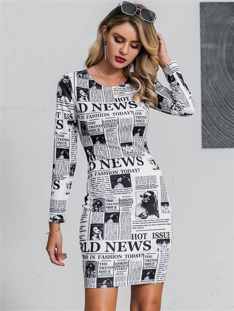 Glamaker Newspaper Print Bodycon Dress Newspaper Print Dress