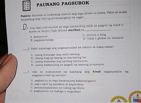 PAUNANG PAGSUBOK Panuto Basahin At Unawaing StudyX