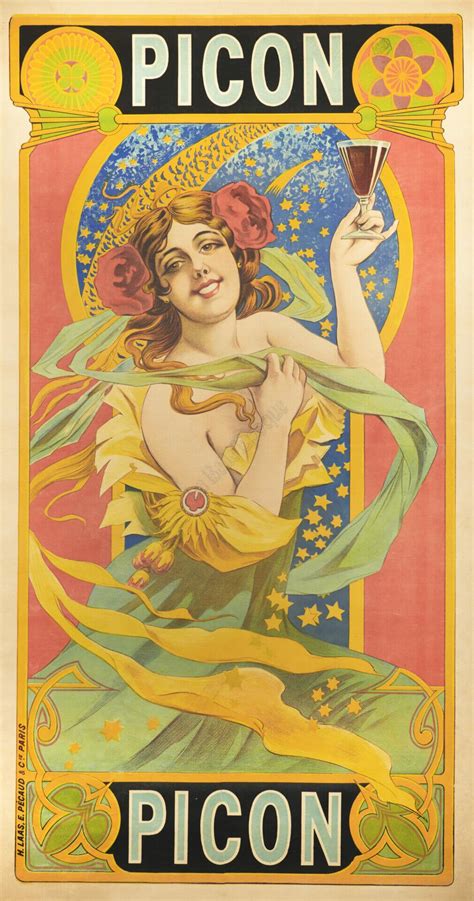 Vintage Art Nouveau Poster Picon Orange Bitter Liqueur 1900s