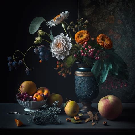 Premium Ai Image Classic Still Life Composition Vase Fruit Generative Ai