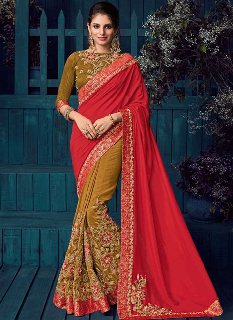 Art Silk Patch Border Green And Red Designer Half N Half Saree Buy Online