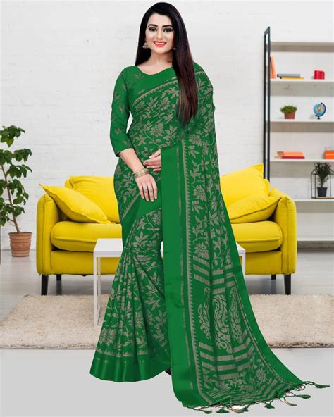 Green Printed Blended Cotton Saree With Blouse Rajnandini 3363234