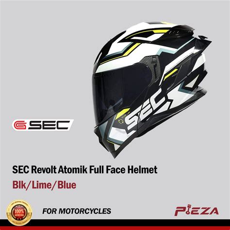 Sec Revolt Atomik Full Face Helmet Blk Lime Blue With Free Clear