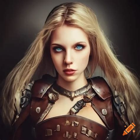 Young Woman With Blonde Hair And Blue Eyes In Victoria Frances Style Leather Armor On Craiyon