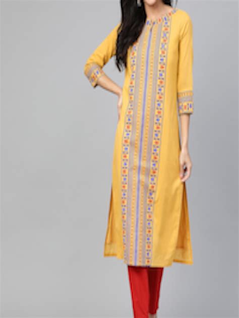 Buy Hereandnow Women Mustard Yellow And Blue Printed Straight Kurta