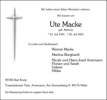 Traueranzeigen Von Ute Macke Noz Trauerportal