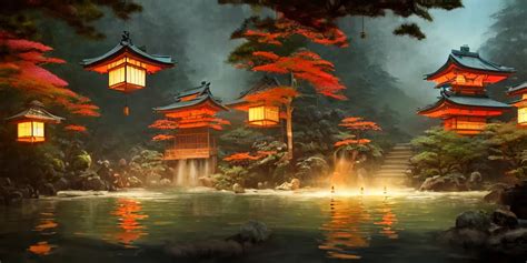 Krea Painting Of Private Magical Onsen Next To Japanese Inn With