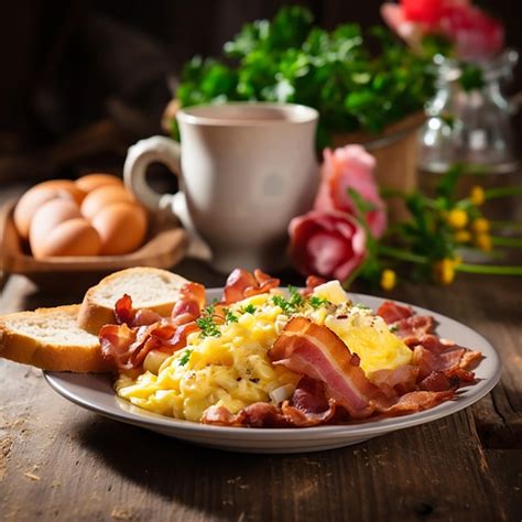 Premium AI Image Breakfast Scrambled Egg With Bacon And Coffee