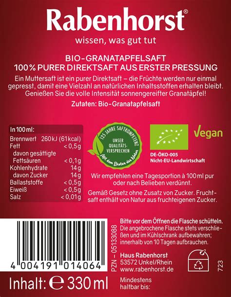 Rabenhorst Granatapfel Muttersaft Bio Direktsaft 6x330 Ml Shop Apotheke