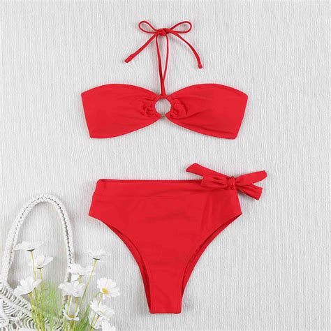 Saving Utsjkr Women S Halter Bikini Set Bandeau Bikini O Ring Tie Back High Cut Two Piece