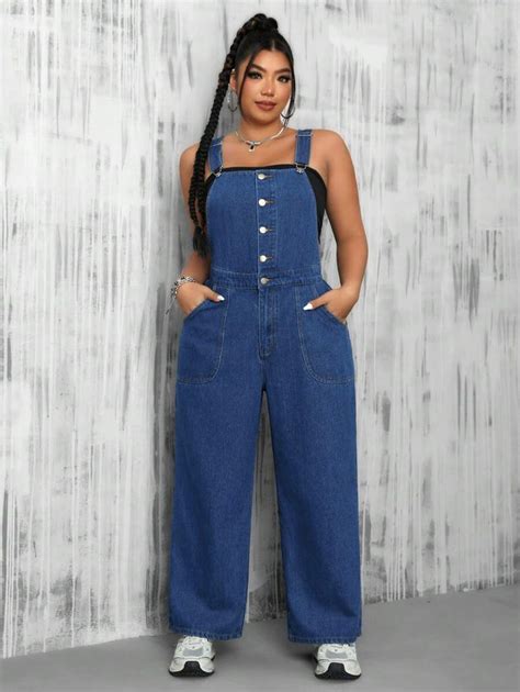 Shein Ezwear Salopette En Denim Simple Pour Femmes De Grande Taille