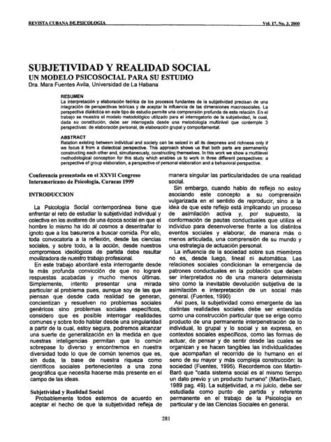 Subjetividad Y Realidad Social Un Modelo Psicosocial Para Su Estudio