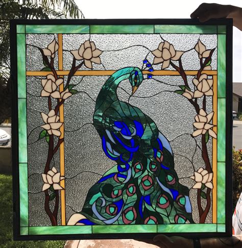 Magnificent Peacock And Magnolia Flowers Leaded Stained Glass Window Panel