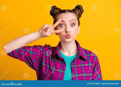 Photo Of Attractive Funky Teen Lady Two Funny Buns Showing V Sign