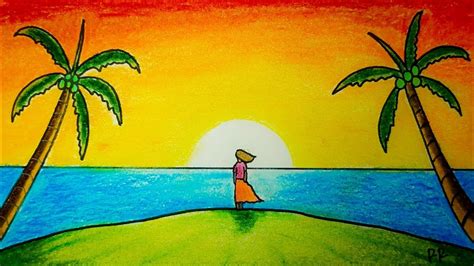 Mudah Cara Menggambar Pemandangan Di Pantai How To Draw Sunset