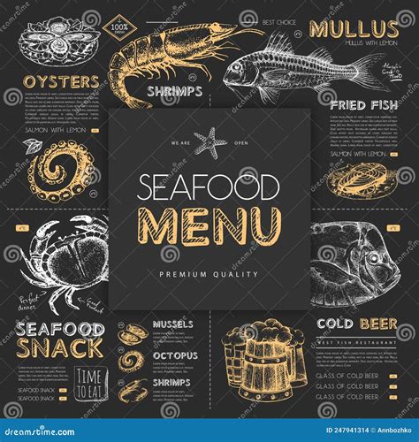 Chalk Drawing Seafood Restaurant Menu Design With Hand Drawing Fish