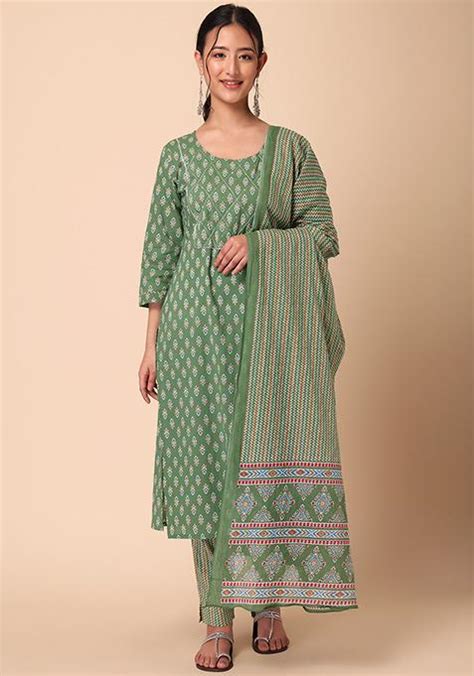 Buy Women Green Abstract Print Cotton Kurta With Pants And Dupatta Set