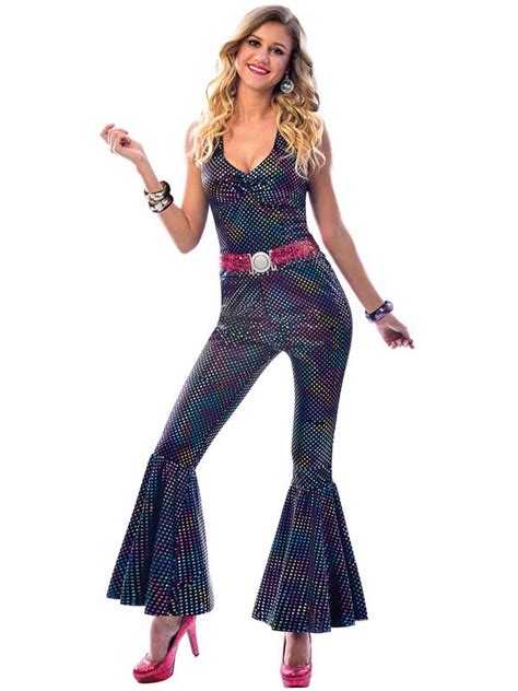 70s Disco Diva Dancing Queen Ladies Fancy Dress Jumpsuit Costume Sizes