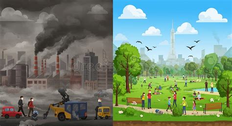 comparing polluted city  clean park environment showing contrasting