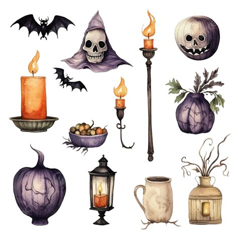 Conjunto De Acuarela De Elementos De Halloween Png Conjunto Dibujado