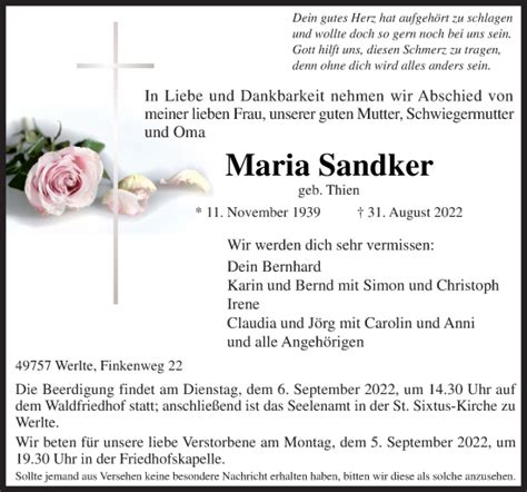 Traueranzeigen Von Maria Sandker Noz Trauerportal