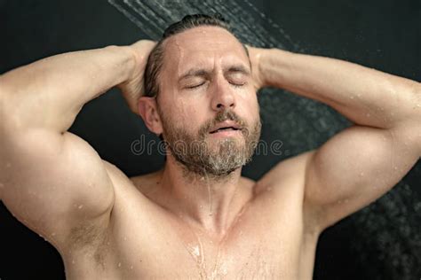 Man Washing Hair In Bath Guy Bathing Shower Head In Bathtub Face In