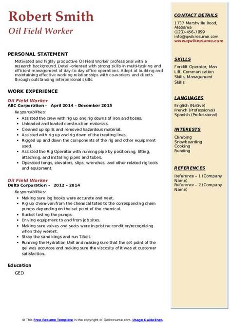 Oil Field Worker Resume Samples Qwikresume