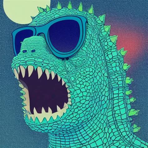 A Portrait Of Godzilla With Sunglasses In Front Of The Stable