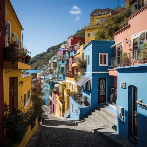 Premium AI Image Colorful Homes On A Hillside With Stairs Leading To