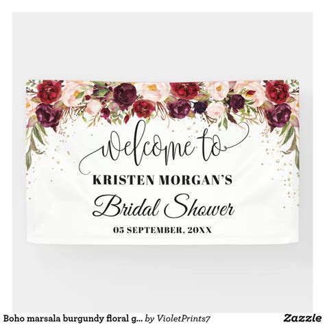 Boho Marsala Burgundy Floral Gold Bridal Shower Banner Zazzle