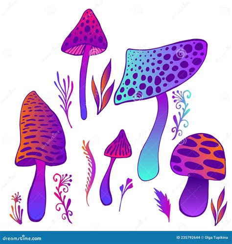 Set Psychedelic Artistic Abstract Trippy Mushrooms White Background