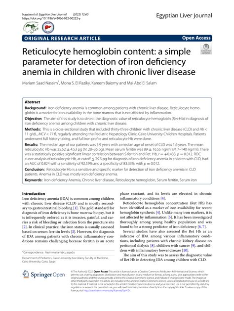 Pdf Reticulocyte Hemoglobin Content A Simple Parameter For Detection