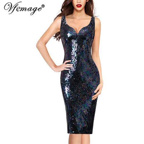 Aliexpress Buy Vfemage Womens Sexy V Neck Sequin Sparkle Shiny