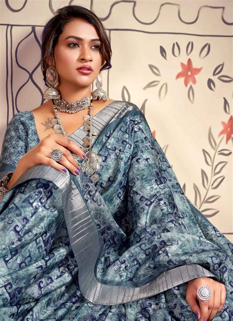 Buy Print Silk Aqua Blue Classic Saree Online 271531