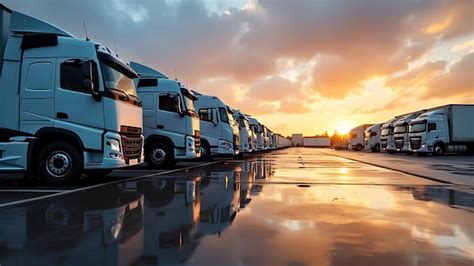 Close Up Fleet Of Trucks Parked In Front Of Warehouse To Delivering