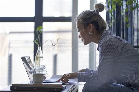 Mature Asian Woman Working From Home Using Notebook Computer Stock