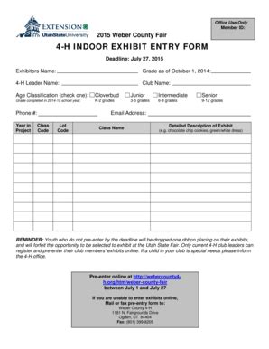 Fillable Online Webercountyfair 4 H INDOOR EXHIBIT ENTRY FORM Weber