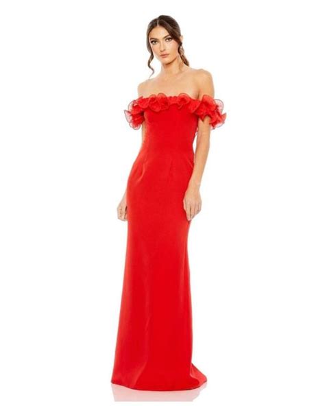 Mac Duggal Ieena Off The Shoulder Ruffle Detail Column Gown In Red Lyst