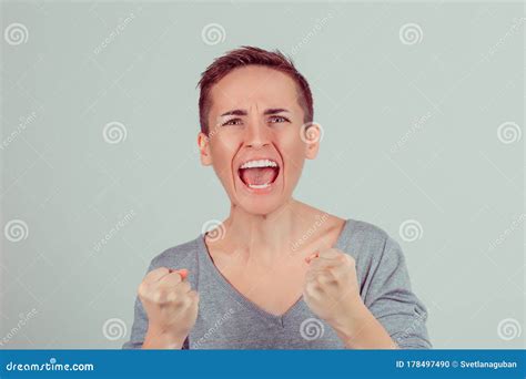 Close Up Very Angry Woman Screaming In Horror Grimace Portrait