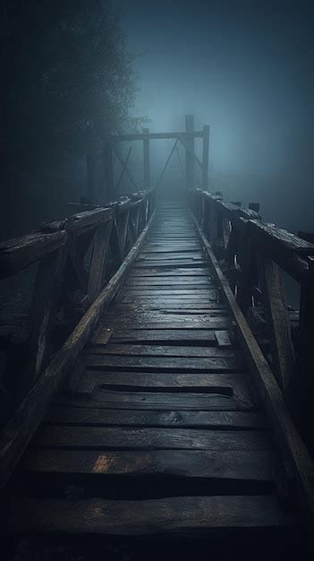 Premium AI Image | A bridge in a dark foggy night with a wooden bridge ...