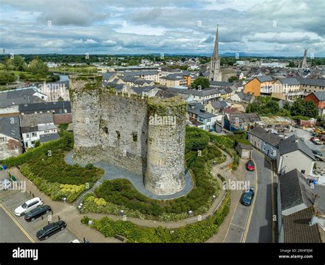 Aerial View Of Carlow Castle And Town In Ireland With Circular Towers