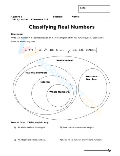 Classifying Real Numbers Worksheet