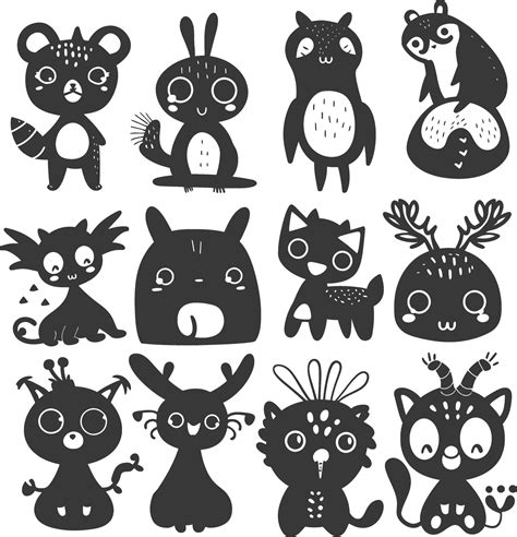 silhouette hand drawn cute animal kawaii doodle collection black color ...