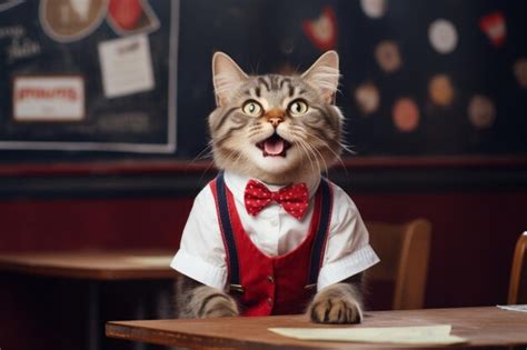 Premium Ai Image Cat In Red A Bow Tie And Shirt At School Desk