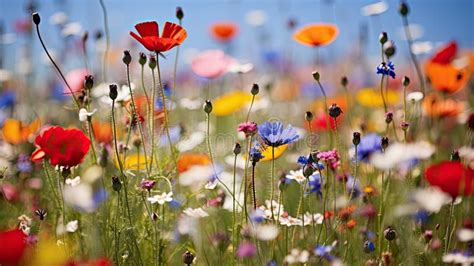 Vibrant Field Of Colorful Flowers Under Blue Sky Stock Illustration