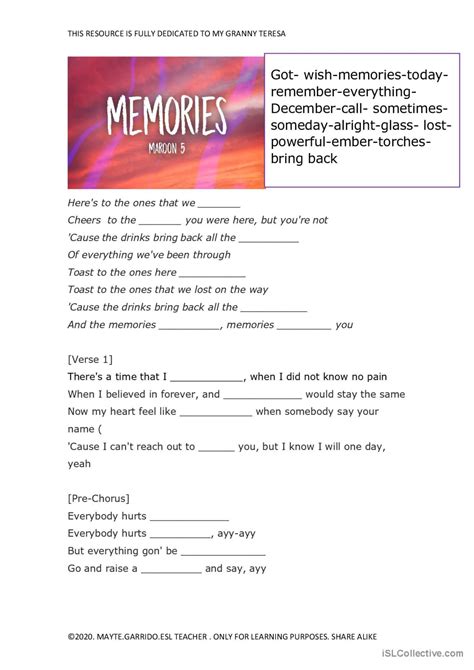 MEMORIES FILL IN THE GAPS Song And English ESL Worksheets Pdf Doc