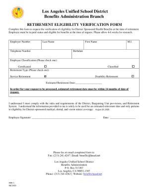 Fillable Online Retirement Eligibility Verification Form Fax Email